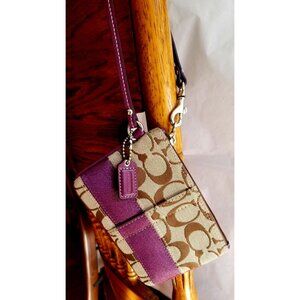 Coach Signature Jacquard Brown Wristlet Purple Stripe & Leather Accent Clutch